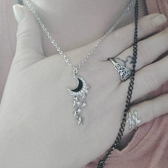 “Stars From the Moon” Black Sliver Crescent Dangling Stellar Celestial Necklace - Picture 6 of 6